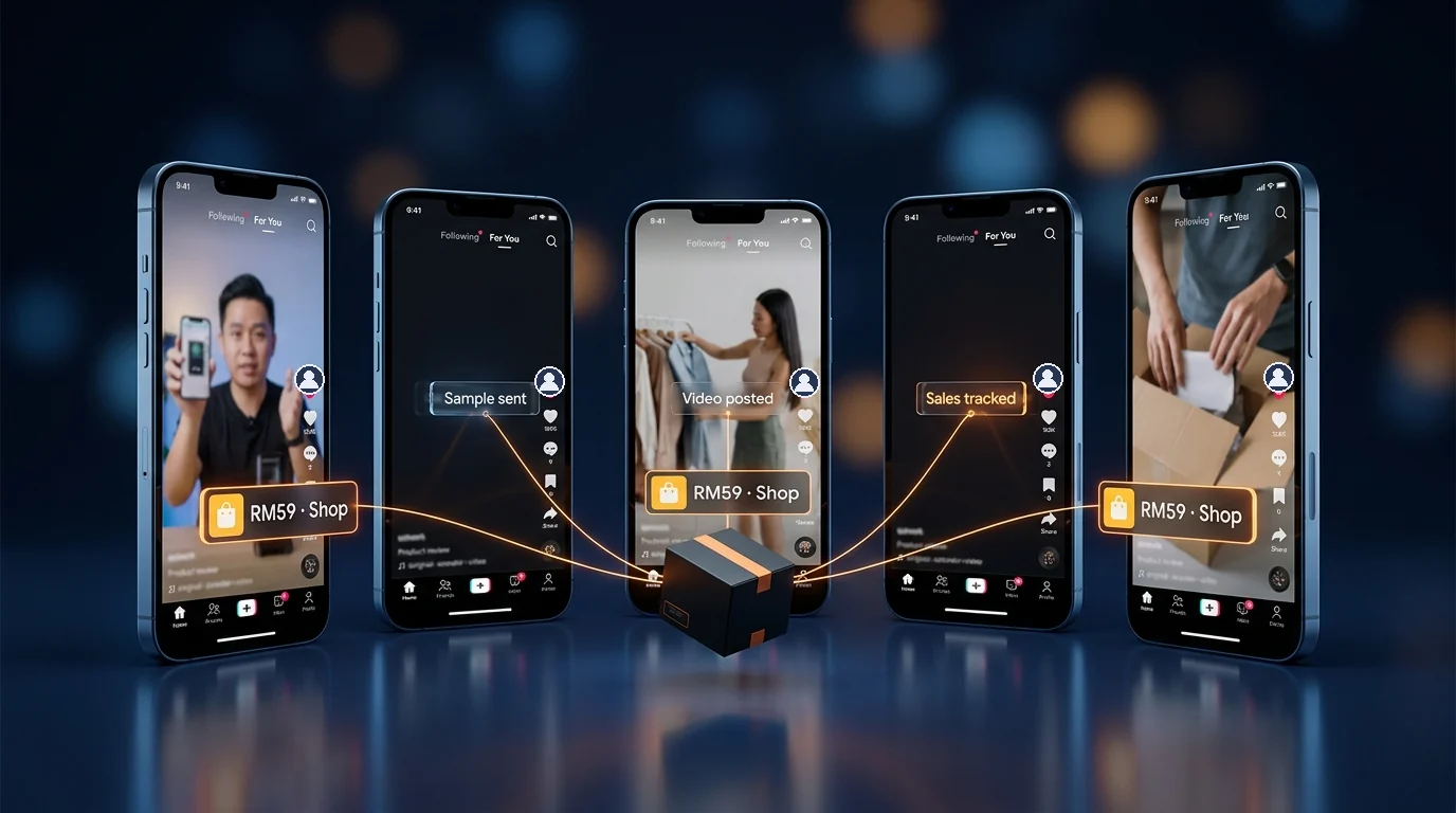 Illustration: five phones with creator product videos linked to one product box, tagged sample sent, video posted and sales tracked