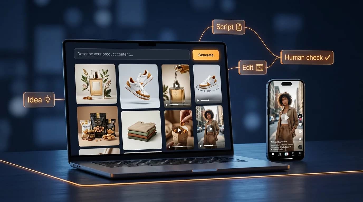 Illustration: an AI content studio on a laptop with generated product images and a workflow from idea to human check