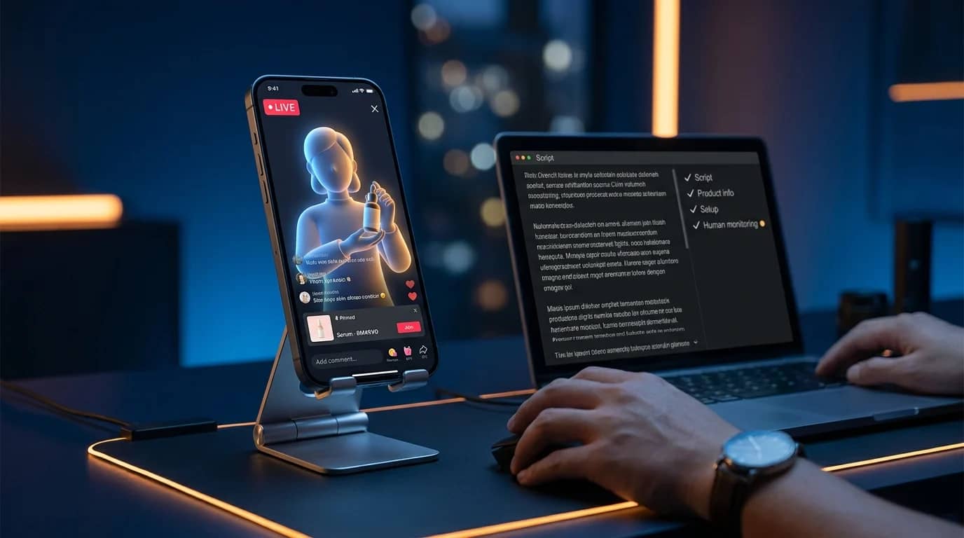 Illustration: a phone showing a live stream hosted by a virtual presenter beside a laptop with a script and checklist