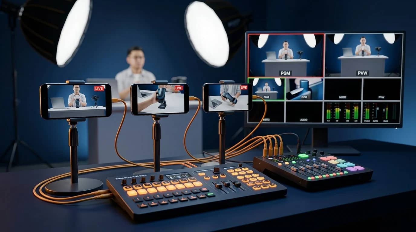 Illustration: three phones streaming live into a production desk with a control deck, mixer and multiview monitor
