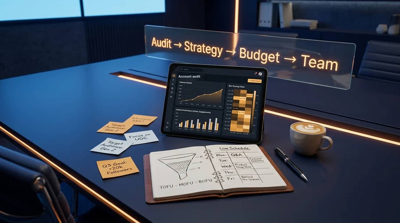 Illustration: a tablet account audit, a notebook funnel sketch and a roadmap from audit to strategy, budget and team