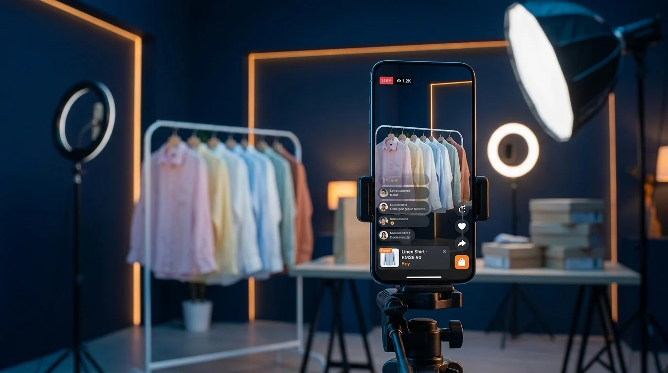 Illustration: a phone on a tripod showing a live shopping stream in a studio with a clothing rail, softbox and ring light