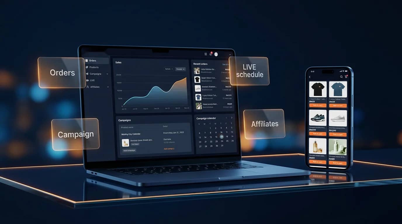 Illustration: a laptop seller dashboard with sales, orders and a campaign calendar, beside a phone storefront