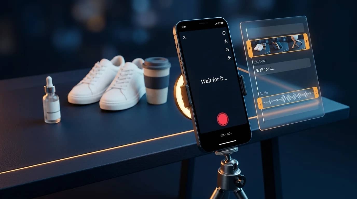 Illustration: a phone on a tripod recording products beside a video editing timeline